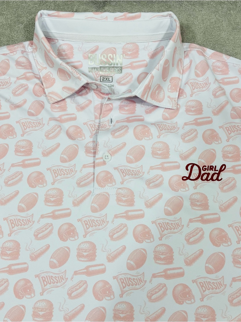 Bussin’ With The Boys Polo Shirt Size 2XL Girl Dad Retro Script AOP White Pink